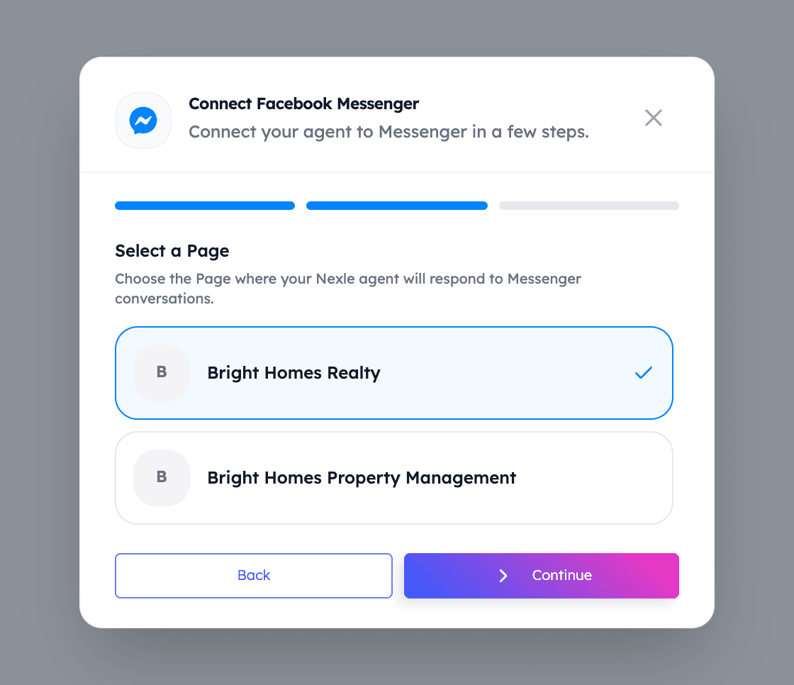 Nexle dashboard: Select a Page step listing Facebook Pages with one selected