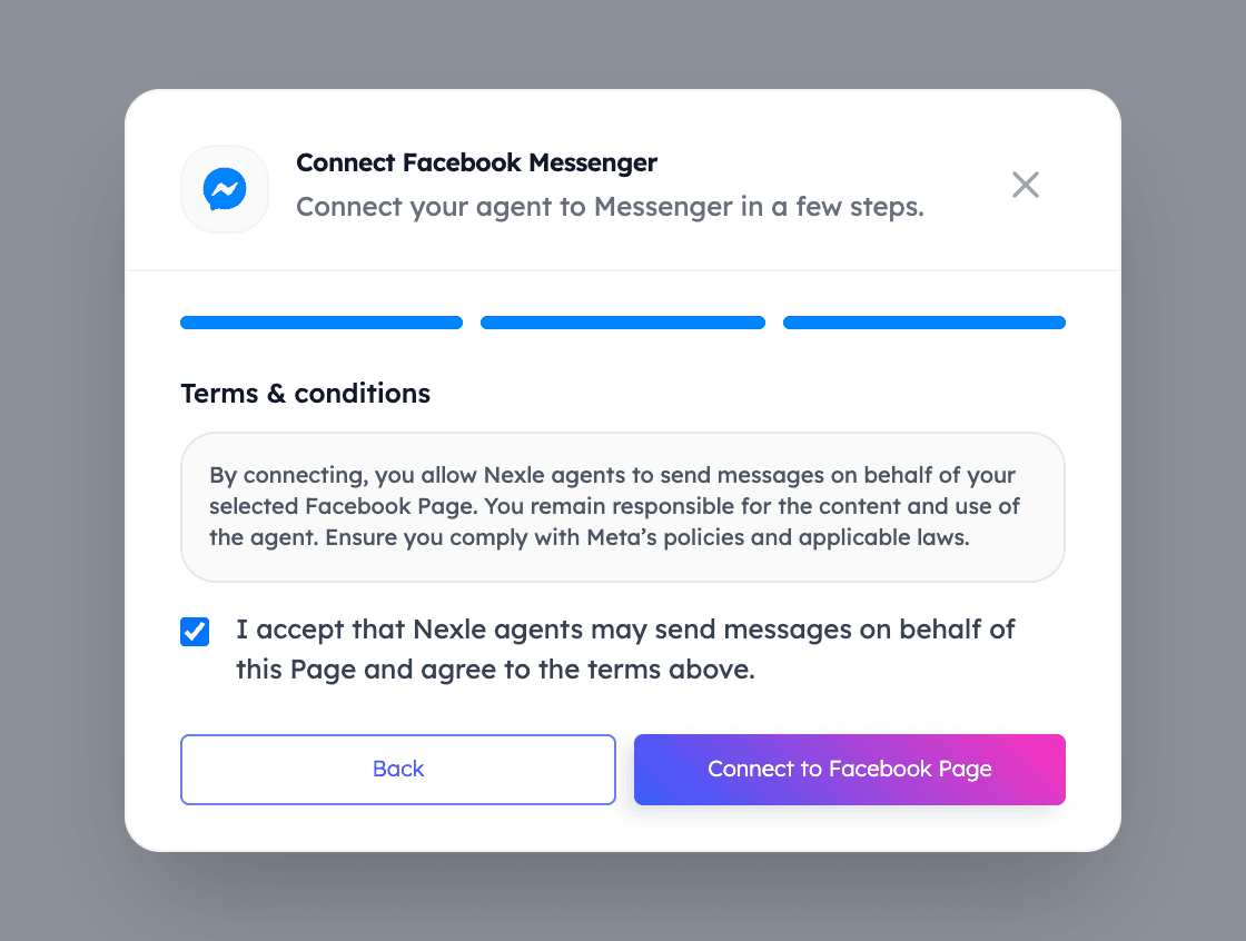 Nexle dashboard: terms and conditions step with the Connect to Facebook Page button
