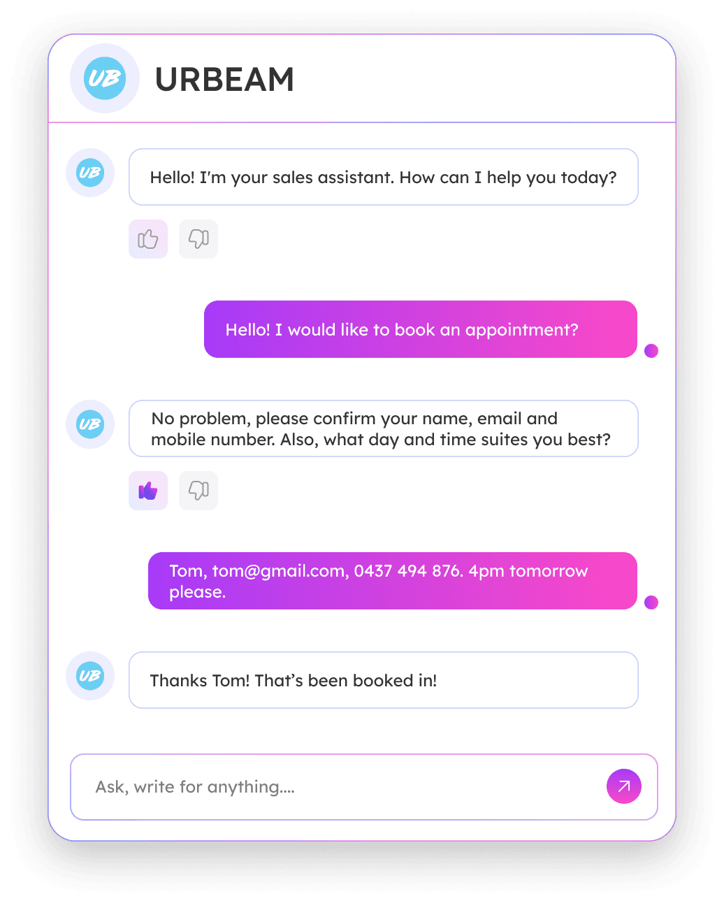 URBEAM AI chatbot conversation booking an appointment
