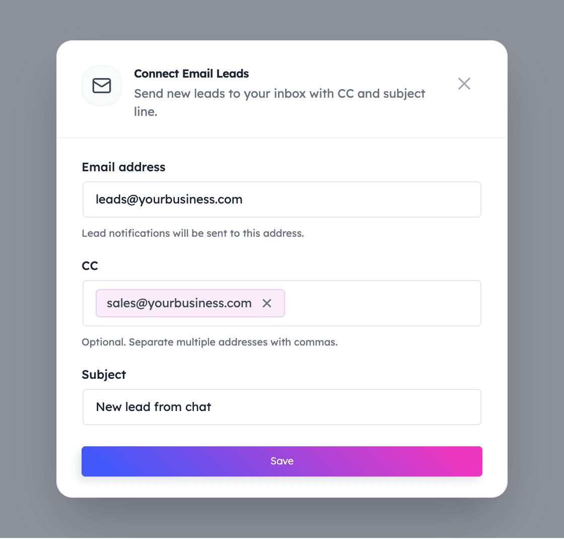 Nexle dashboard: Connect Email Leads form with email address, CC, and subject fields filled in