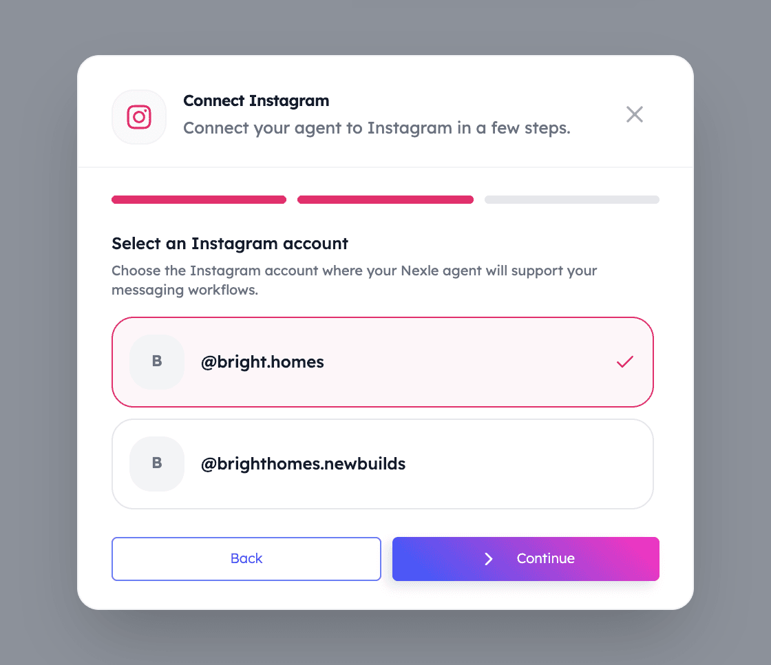 Nexle dashboard: Select an Instagram account step with one account selected