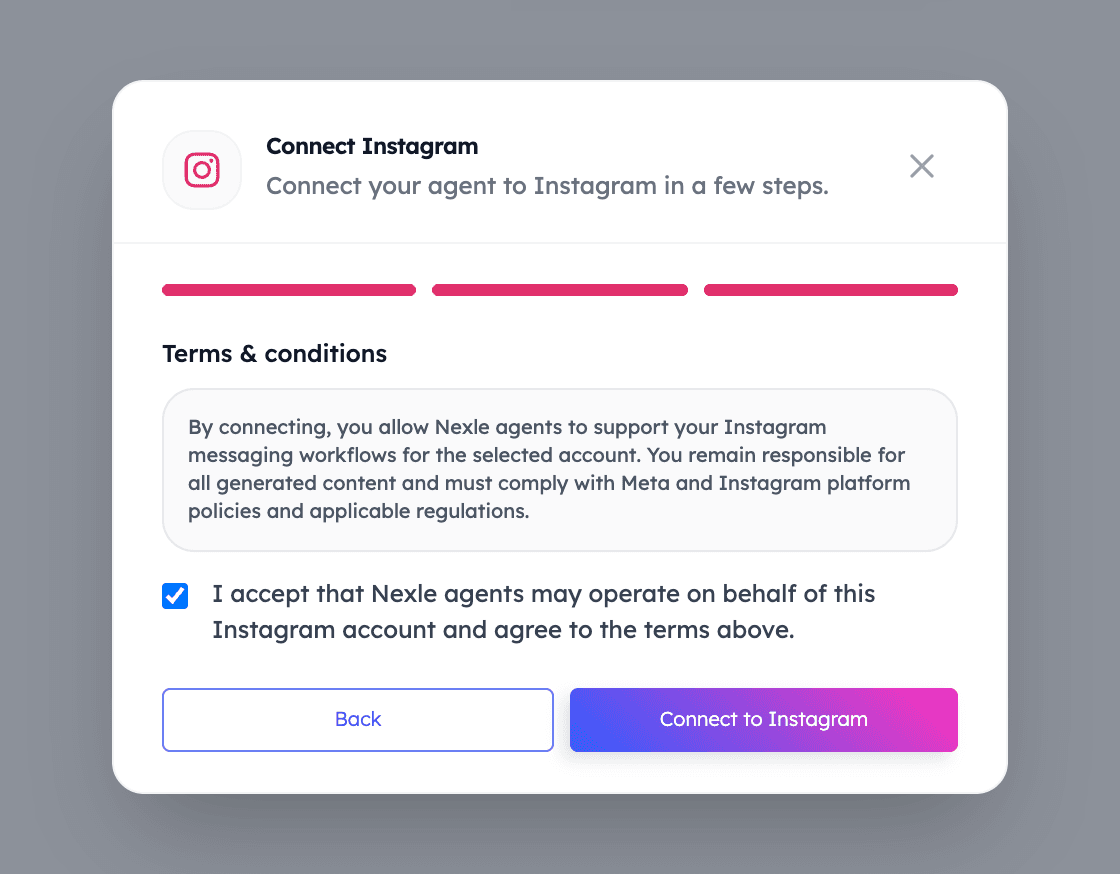 Nexle dashboard: terms and conditions step with the Connect to Instagram button